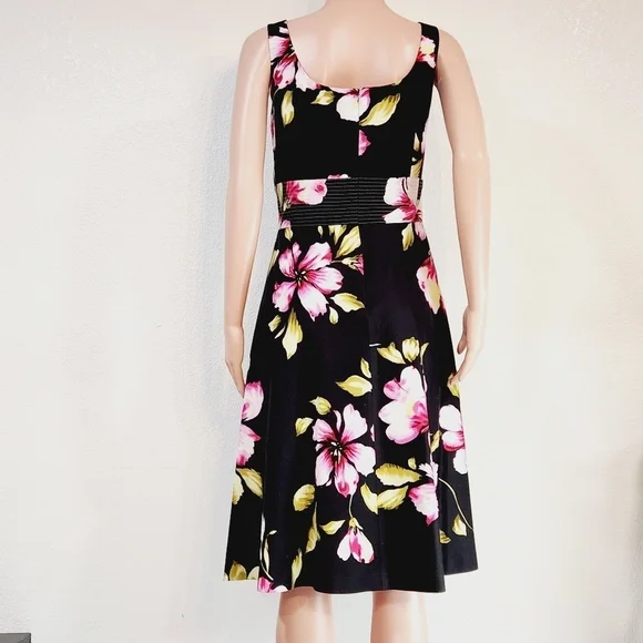 Donna Ricco Black Tropical Floral Hibiscus Print Sleeveless Sundress - Picture 6 of 11